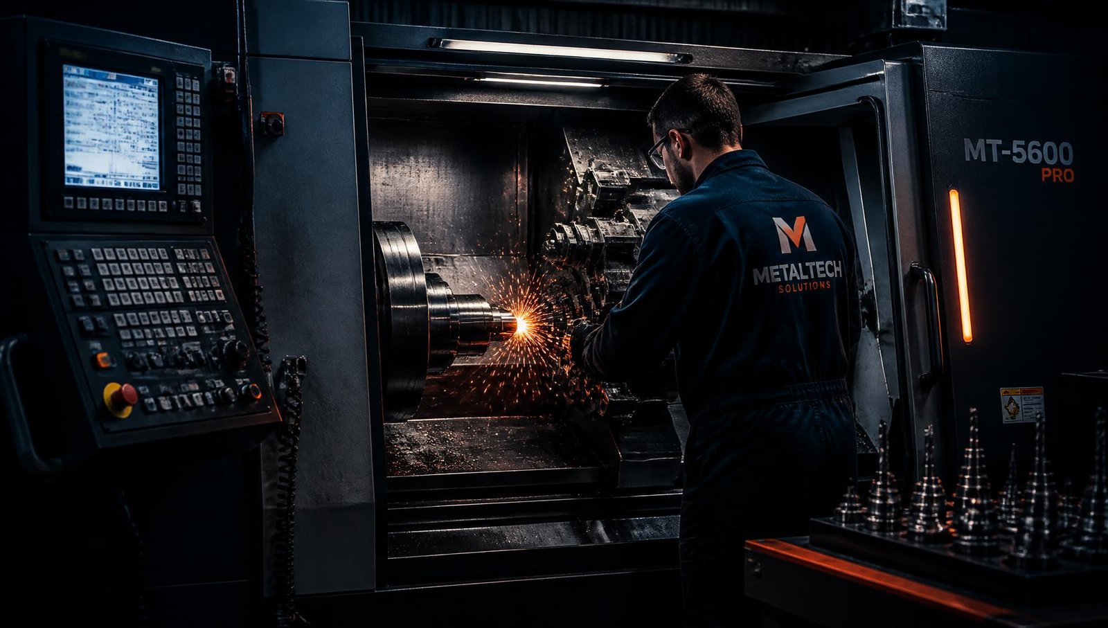 Técnico realizando manutenção em torno CNC